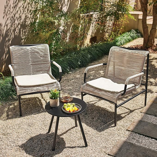 East Oak 3-Piece Patio Furniture Set, Outdoor Bistro Set with PE Rattan Wicker Wide Chairs, Soft Pads & Coffee Table, Modern All-Weather Wicker Patio Set for Garden and Porch, Creamy Apricot