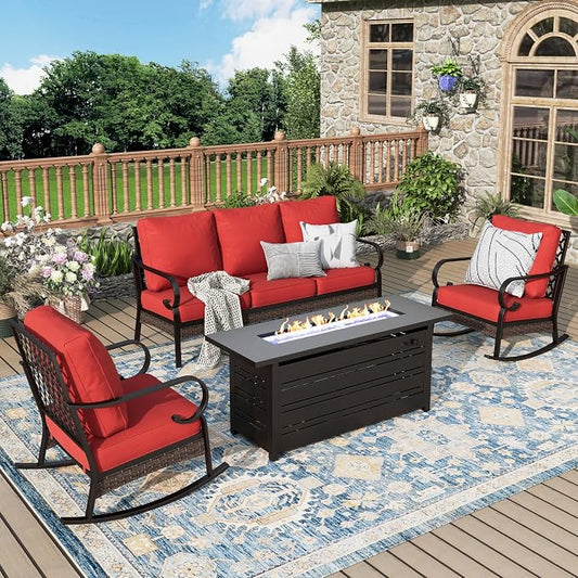 MIXPATIO Patio Furniture Set with Firepit Table, Black Frame Outdoor Conversation Set with 2 x Rocking Chairs, 1 x 3-Seat Sofa for Lawn Garden Backyard, Red