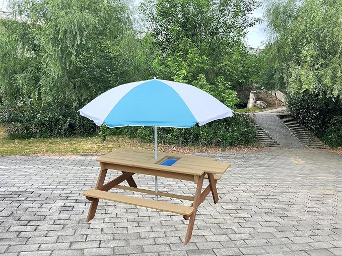 BTExpert Kids 3-in-1 Sand Water Activity Table Wooden Outdoor Convertible Picnic Table Bench Adjustable Umbrella Removable Top 2 Play Boxes Toy Set 37 x 35 in