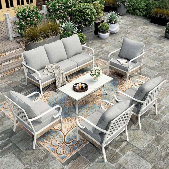 HERA'S HOUSE 6 Piece Metal Patio Furniture Set, All Weather Outdoor Conversation Set with 3-Seat Sofa, 4 Fixed Chairs & Coffee Table, 7 Seats for Backyard, Garden, Deck, White/Grey
