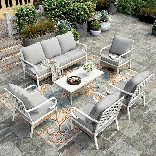 HERA'S HOUSE 6 Piece Metal Patio Furniture Set, All Weather Outdoor Conversation Set with 3-Seat Sofa, 4 Fixed Chairs & Coffee Table, 7 Seats for Backyard, Garden, Deck, White/Grey