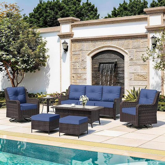 7-Piece Patio Furniture Set, Outdoor Thick Wicker Sectional Sofas with 2 Swivel Chairs, High Back Sectional Sofa Couch, Outdoor Conversation Set for Backyard, Porch, Deck, Dark Blue
