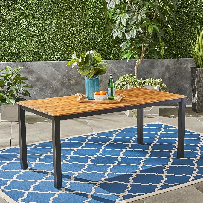 Christopher Knight Home Zak Outdoor 71" Acacia Wood Dining Table, Teak Finish, Black