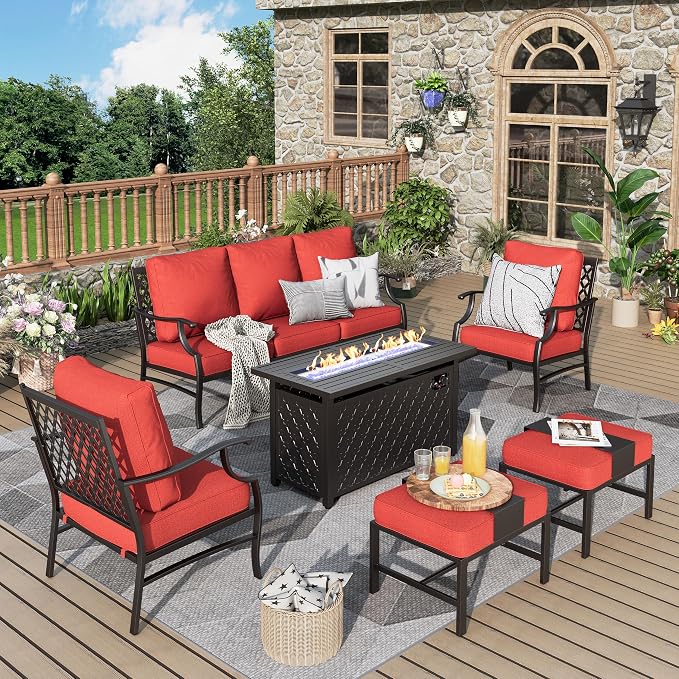 MIXPATIO Patio Furniture Set, 6 Pcs Metal Outdoor Conversation Set, 2 Single Chairs, 2 Ottomans and 3 Seater Sofa with 5.75" Extra Thick Cushion and Gas Fire Pit Table, Red
