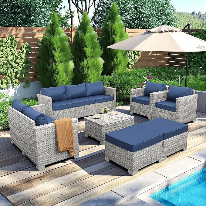 WAROOM Patio Furniture Set 7 Piece Grey Wicker Outdoor Conversation Sets PE Rattan Sectional Sofa with Storage Coffee Table and Anti-Slip Navy Blue Cushion