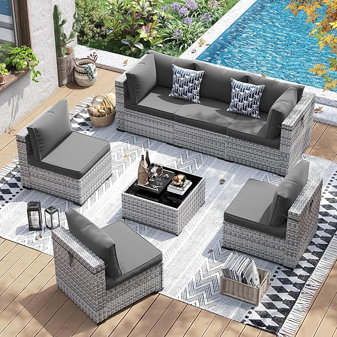 UDPATIO Patio Furniture Set, 7 Pieces PE Wicker Sectional Sofa with Tea Table, Outdoor Conversation Set for Patio, Garden, Backyard (Grey Cushions with Grey Rattan)