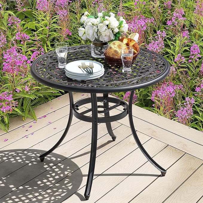 NUU GARDEN 35" Round Patio Bistro Table, Cast Aluminum Round Outdoor Bistro Table with Umbrella Hole for Poolside, Deck, Porch, Backyard, Balcony, Black with Antique Bronze Edge
