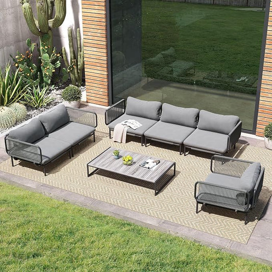 Crestlive Products Outdoor Patio Furniture Set, 6 Seater Modular Oversized Patio Conversation Set with Cushions, Modern Metal Sectional Outdoor Couch for Backyard, Deck, Porch, or Poolside, Dark Grey