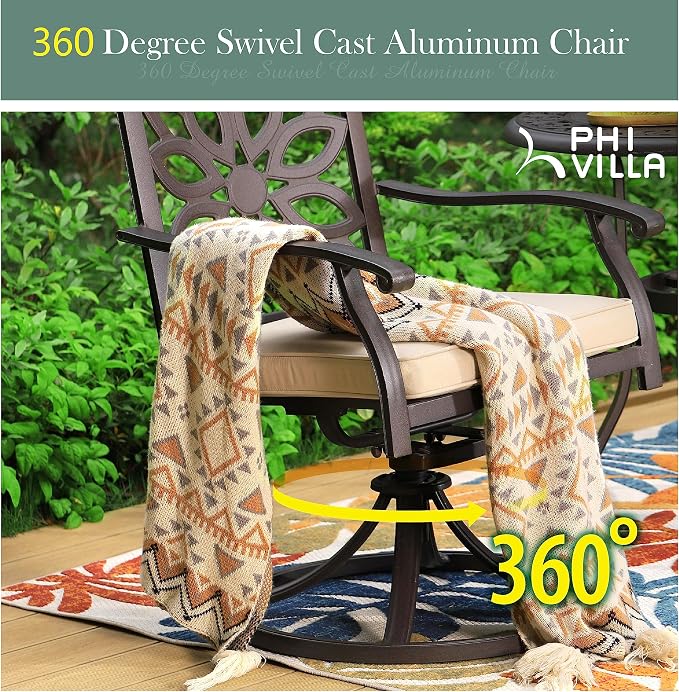 PHI VILLA 3-Piece Patio Bistro Set, 32" Round Cast Aluminum Table, Bronze | Swivel Chairs, Cushions Chairs, Umbrella Hole