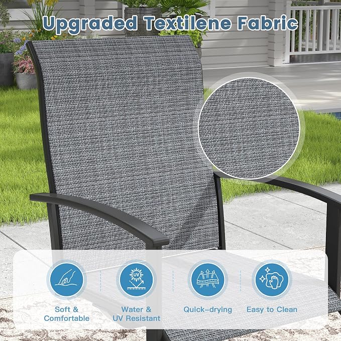DIFY 5 Pieces Outdoor Dining Set, Metal Patio Table and Chairs Set for 4 with Umbrella Hole, 40.6" Black Round Table and Dark Grey Textilene Swivel Patio Chairs for Garden, Backyard, Poolside