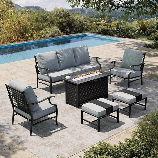 HERA'S HOUSE 6 Pieces Patio Furniture Set with Fire Pit Table, 2 x Single Chair, 2 x Ottoman, 3-Seat Sofa with 45" Fire Pit Table, Outdoor Conversation Set for Garden Poolside Backyard, Grey