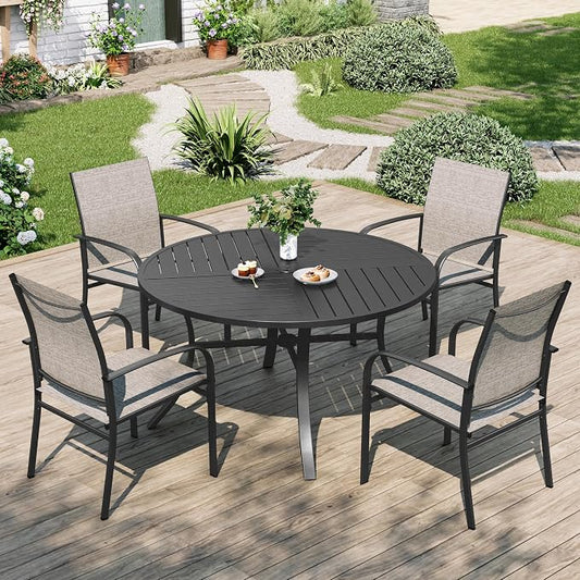 MIXPATIO Patio Table and Chairs Set for 4, 5 Pieces Outdoor Dining Set, 4 Brown Textilene Chairs and 42" Metal Round Table with Umbrella Hole, for Deck Garden Backyard Lawn Poolside