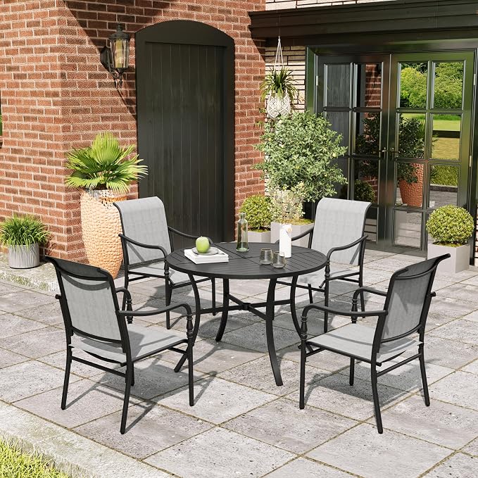 MIXPATIO 5 Piece Patio Dining Set, 4 x Textilene Dining Chairs, 42" Round Outdoor Dining Table with 1.57" Umbrella Hole, for Garden Lawn Porch and Backyard Poolside, Grey