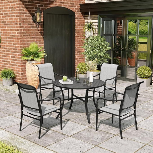 MIXPATIO 5 Piece Patio Dining Set, 4 x Textilene Dining Chairs, 42" Round Outdoor Dining Table with 1.57" Umbrella Hole, for Garden Lawn Porch and Backyard Poolside, Grey