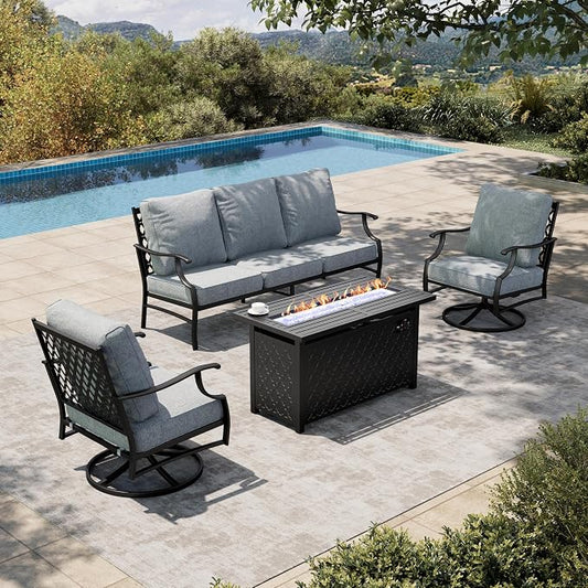 HERA'S HOUSE 4 Pieces Patio Furniture Set with Fire Pit Table, 2 x Swivel Cushioned Chair, 3-Seat Sofa with 45" Fire Pit Table, Outdoor Conversation Set for Garden, Poolside, Backyard, Grey