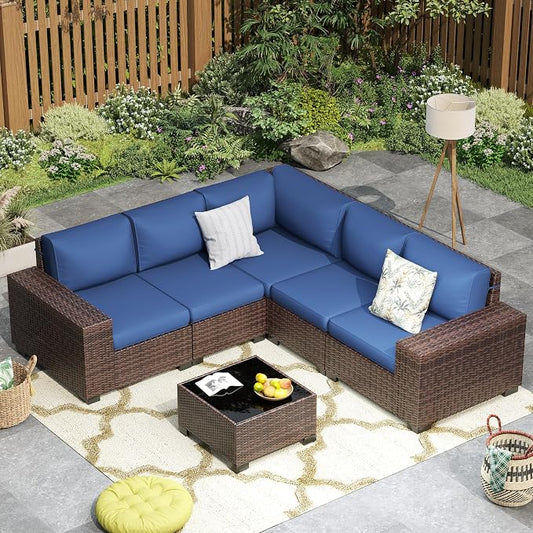 Outdoor Patio Furniture Set, 8'' Wide armrest Outdoor Sectional Rattan Sofa Set, Wicker Patio Furniture Sets w/Coffee Table,Thick Cushions and Cover for Porch, Balcony,Deck 6 PCS(Brown&Navy)