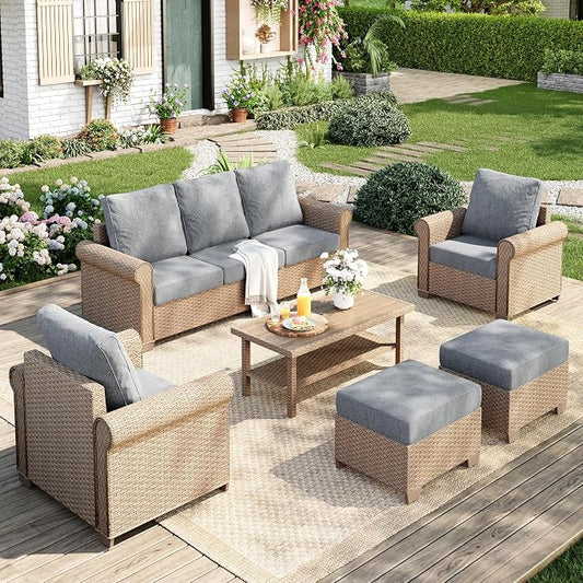 MIXPATIO Patio Furniture Set 6 pcs, Wicker Outdoor Patio Furniture, 3-Seat Sofa, 2 Single Chairs, 2 Ottomans and Coffee Table, Rattan Patio Conversation Set for Backyard Deck, Grey