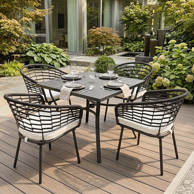 NUU GARDEN 5-Piece Patio Dining Set, 4 Woven Rope Chairs with Beige Cushions, Square Table with Slatted Tabletop and Umbrella Hole, Patio Table and Chair Set for Garden and Poolside, Black