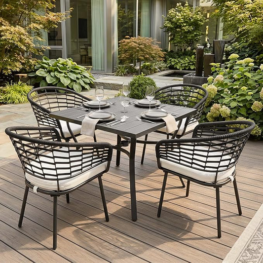NUU GARDEN 5-Piece Patio Dining Set, 4 Woven Rope Chairs with Beige Cushions, Square Table with Slatted Tabletop and Umbrella Hole, Patio Table and Chair Set for Garden and Poolside, Black