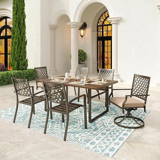 SUNSHINE VALLEY Patio Dining Set,Wood-Like Metal Table w/Umbrella Hole | 60x36 Metal Table&6 Pcs Rust-Proof Stackable Chairs, Outdoor Table and Chairs Set for Backyard Garden Deck