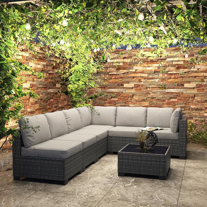 GAOMON 7-Piece Outdoor Patio Furniture Set, All-Weather Wicker Sectional Sofa with Thick Cushions and Glass Top Coffee Table, Modular Conversation Set for Garden, Balcony, Porch, Poolside