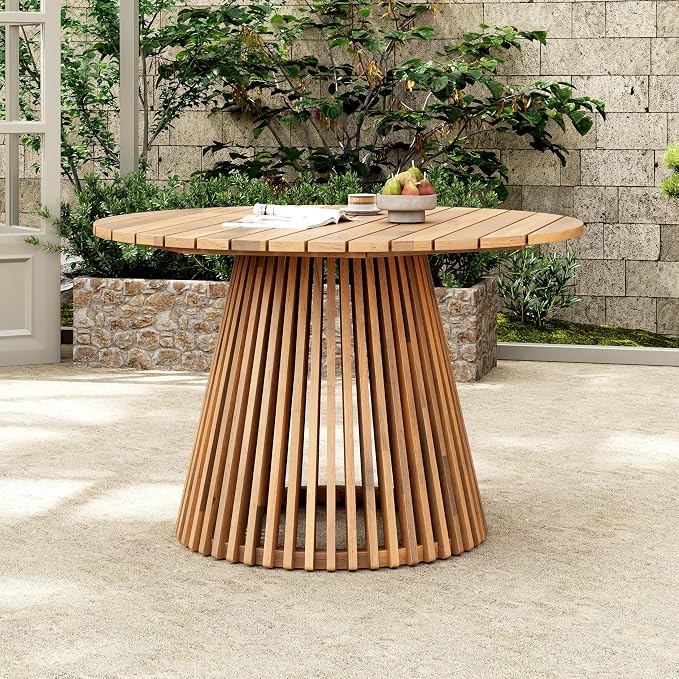 Merax Outdoor Dining Table 47.25" Round Extra-Large Acacia Wood Patio Dining Table for Backyard Lawn Balcony, Aesthetic Slat Base Design, Light Teak