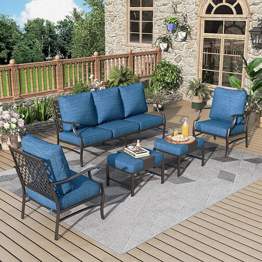 MIXPATIO Patio Furniture Set 5 pcs, Outdoor Patio Furniture, 3-Seat Sofa, 2 Single Chairs, 2 Ottomans and 5.75" Extra Thick Cushion, Conversation Set for Backyard Deck,Gemstone Blue