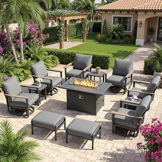 Aluminum Patio Swivel Rocking Chair Outdoor Bistro Set, 12pcs Patio Conversation Set Outdoor Patio Furniture Set with High Backrest & Thickened Cushions for Garden, Deck and Balcony, Grey