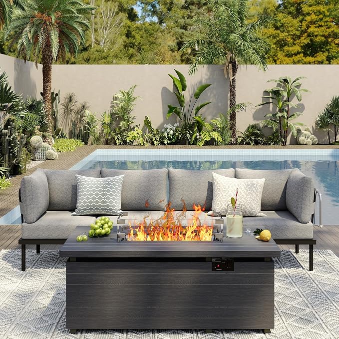 Sundale Outdoor 5 Pieces Patio Furniture Set with Fire Pit Table, Metal Outdoor Sectional Sofa with 6" Olefin Cushion, Modern Outdoor Conversation Sets for Backyard, Poolside, Sunroom