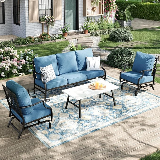 MIXPATIO Patio Furniture Set 4 pcs, Outdoor Patio Furniture, 3-Seat Sofa, 2 Rocking Chairs, Coffee Table and 5.75" Extra Thick Cushion, Conversation Set for Backyard Deck, Navy Blue