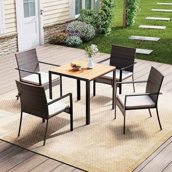 5 Piece Patio Dining Set, Wicker Outdoor Table and Chairs with Umbrella Hole ＆ Soft Cushion, Patio Furniture Set for Backyard, Garden, Poolside, Deck - Balck＆White