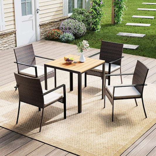 5 Piece Patio Dining Set, Wicker Outdoor Table and Chairs with Umbrella Hole ＆ Soft Cushion, Patio Furniture Set for Backyard, Garden, Poolside, Deck - Balck＆White