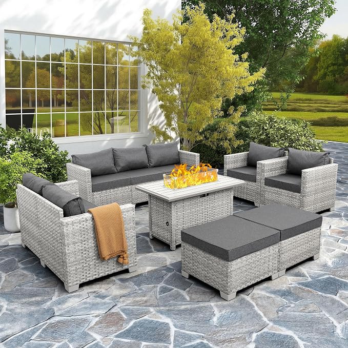 WAROOM Patio Furniture Set 7 Piece Grey Wicker Outdoor Conversation Sets PE Rattan Sectional Sofa with Propane Fire Pit Table and Anti-Slip Grey Cushion