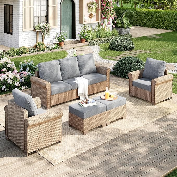 MIXPATIO Patio Furniture Set 5 pcs, Wicker Outdoor Patio Furniture, 3-Seat Sofa, 2 Single Chairs and 2 Ottomans, Rattan Patio Conversation Set for Backyard Deck, Grey
