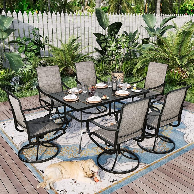 Sophia & William 7 Pieces Patio Dining Set Outdoor Metal Furniture Set, 6 x Swivel Dining Chairs Textilene Padded, 1 Metal Umbrella Table 6 Person for Lawn Garden