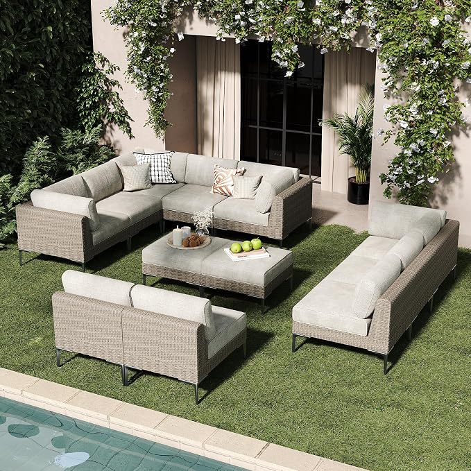 LayinSun 12-Piece Wicker Rattan Patio Furniture Set, Deep Seating Outdoor Modular Sectional Sofa Conversation Set with Thick Cushions for Lawn, Garden