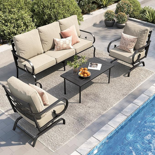 PHI VILLA Patio Furniture Set, 3-Seater Sofa, 2 Rocking Chairs and a Coffee Table, Outdoor Metal Conversation Set with 5.75" Extra Thick Cushion for Garden Backyard Deck, Beige
