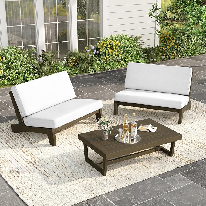 Wood Patio Furniture Sets, 3 Pieces All Weather Patio Loveseat Sofa Outdoor Sectional Futniture Backyard Conversation Set with Solid Wooden Coffee Table - Beige