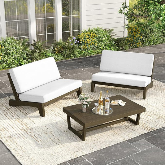 Wood Patio Furniture Sets, 3 Pieces All Weather Patio Loveseat Sofa Outdoor Sectional Futniture Backyard Conversation Set with Solid Wooden Coffee Table - Beige