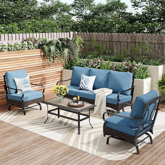 PHI VILLA Outdoor Modern Patio Furniture Set, Upgraded Wicker & Metal Patio Conversation Set with Waterproof Thick Cushions for Porch, Poolside, Yard (4 Pieces,Navy)