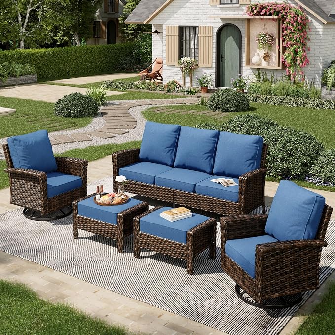 MIXPATIO 5-Piece Wicker Patio Furniture Set with Swivel Chairs, High Back Outdoor Furniture with 5.5-inch Thick Cushion and Ottoman, All-Weather Wicker Patio Conversation Set for Deck Lawn, Navy Blue