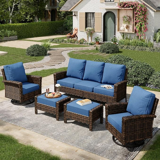MIXPATIO 5-Piece Wicker Patio Furniture Set with Swivel Chairs, High Back Outdoor Furniture with 5.5-inch Thick Cushion and Ottoman, All-Weather Wicker Patio Conversation Set for Deck Lawn, Navy Blue