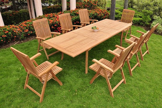 8 Seater Grade-A Teak Wood 9pc Dining Set: Large 117" Double Extension Rectangle Table and 8 Marley Reclining Arm Chairs #TSDSMR8