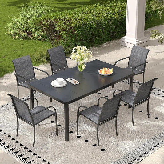 Patio Table and Chairs Set for 6, Outdoor Dining Set with 6 Stackable Dining Chairs and 63"x 37.8" Metal Steel Rectangle Dining Table for Backyard, Deck, Lawn, Garden, Grey & Black