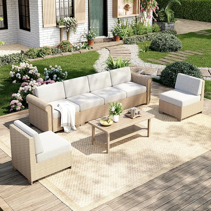 MIXPATIO Patio Furniture Set, 7 Piece Outdoor Rattan Wicker Sectional Conversation Set with 5.5" Thick Waterproof Cushions and Coffee Table for Deck Backyar