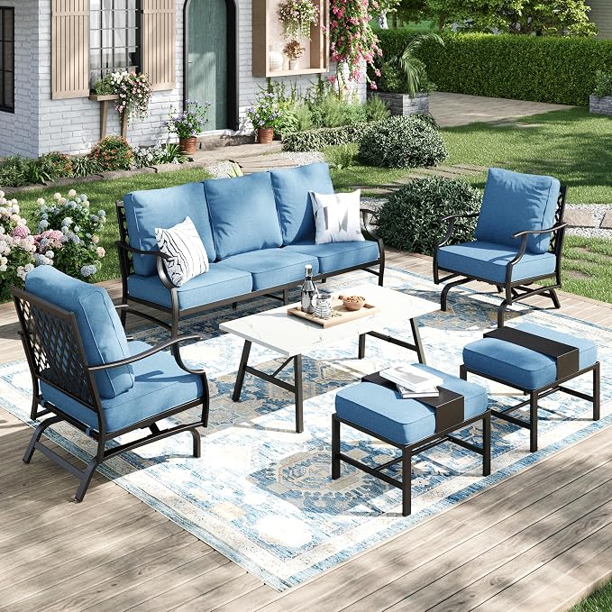 MIXPATIO Patio Furniture Set 6 pcs, Outdoor Patio Furniture, 3-Seat Sofa, 2 Rocking Chairs, 2 Ottomans, Coffee Table and 5.75" Extra Thick Cushion, Conversation Set for Backyard Deck, Navy Blue