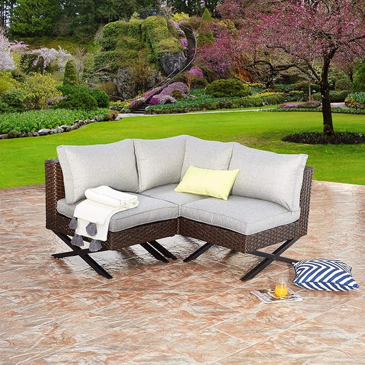 LOKATSE HOME 3 Piece Conversation Set Sectional Rattan Patio Furniture Include 2 Armless Chairs and 1 Corner Sofa with X-Shaped Legs, Brown