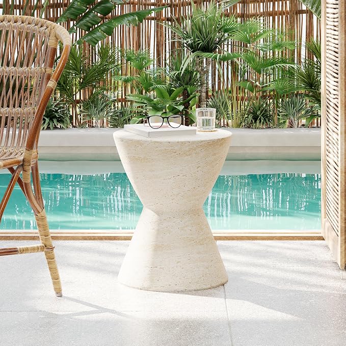 Christopher Knight Home Outdoor Side Table,Hourglass Shape Side Table,Patio Garden Stool Coffee End Table,Decorative Garden Stool for Patio,or Balcony,Lightweight Concrete Material,Travertine