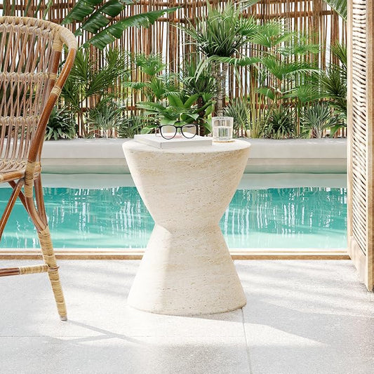 Christopher Knight Home Outdoor Side Table,Hourglass Shape Side Table,Patio Garden Stool Coffee End Table,Decorative Garden Stool for Patio,or Balcony,Lightweight Concrete Material,Travertine