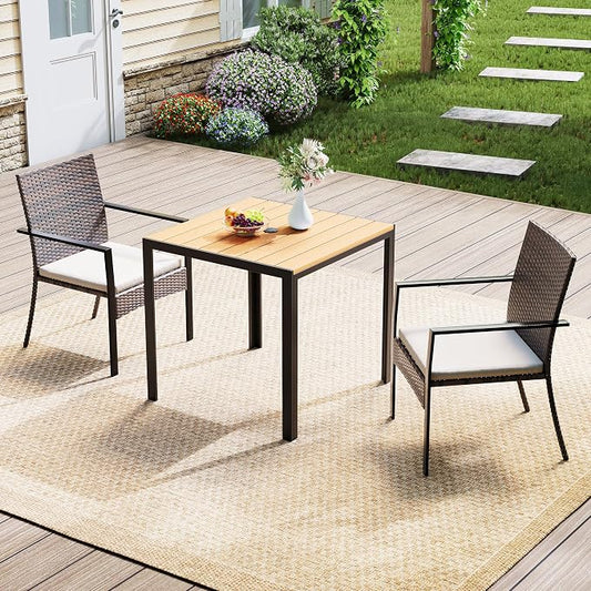 3 Piece Patio Dining Set, Wicker Outdoor Table and Chairs with Umbrella Hole ＆ Soft Cushion, Patio Furniture Set for Backyard, Garden, Poolside, Deck - Black＆White